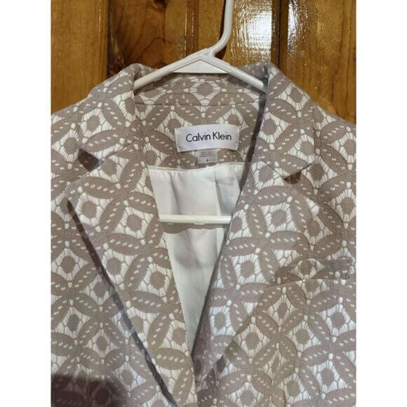 Calvin Klein Geometric Pattern Cropped Blazer Beige White Professional Jacket‎ - Picture 3 of 4